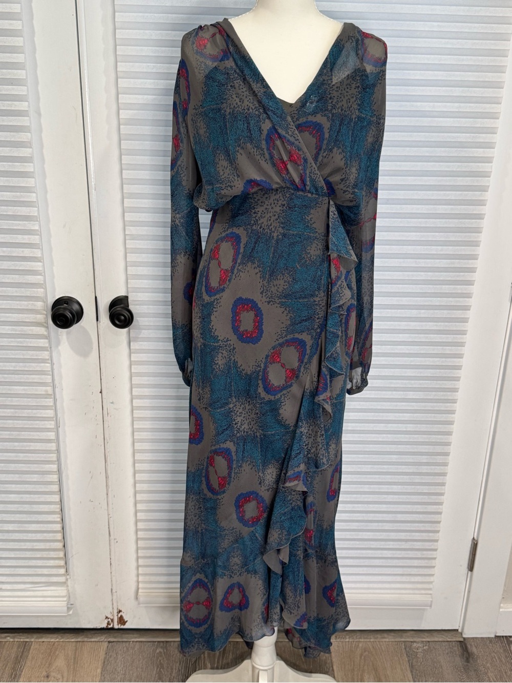 Twelfth Street Sheer Wrap Maxi Dress in Teal and Gray CB880 - Picture 2 of 8